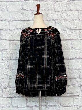 Syle & Co Black Plaid Velvet Embroidered Floral Sequined Top